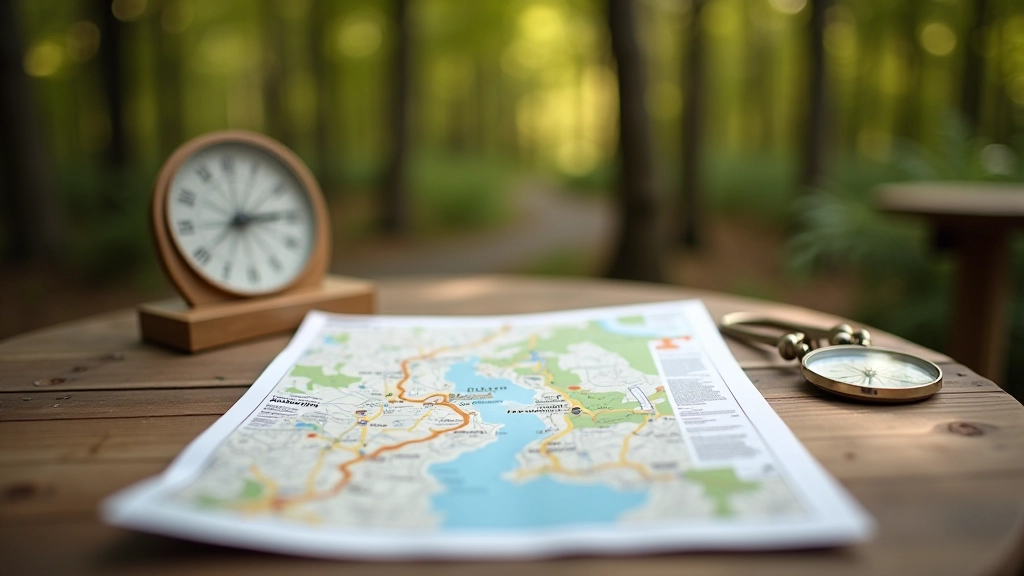 Biuro stalas su žemėlapiais, kompasu ir informacinėmis brošiūromis apie parką