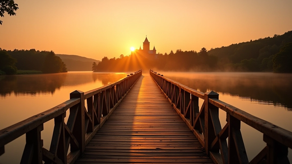 Žavus vaizdas iš tilto — ežero vanduo, miško siluetas ir pilis horizonte, sutemų apšvietimas